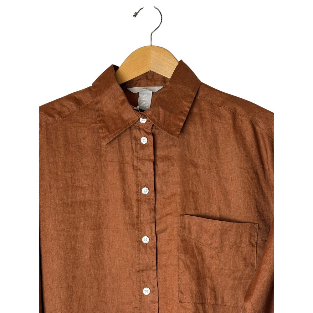 H&M Linen Button Down Shirt Women Small Brown NWT Long Sleeve Preppy Lagenlook - Picture 5 of 9